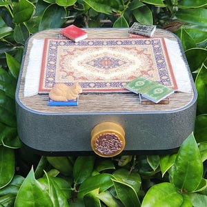 May include: A miniature scene featuring a small rug with a detailed pattern, surrounded by tiny books and a cat figurine. The scene is set on a wooden surface with a metallic border, and a decorative knob.