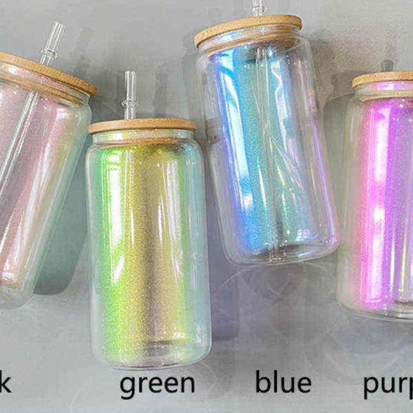 16oz iridescent sublimation glass tumbler with bamboo lid, glass can, libbey tumbler, glass sublimation tumbler, shimmer glass tumbler