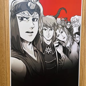 May include: A black and white anime-style print featuring a group of characters against a red background. The central figure is a person with a winged serpent headdress. Other characters are in the background, with a variety of expressions.