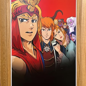 May include: A print featuring a group of anime-style characters against a red background. The central figure is a person with blonde hair and a red headdress with a gold serpent design. Other characters with various hair colors and attire are visible.