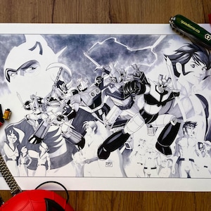 May include: Black and white illustration of a group of robots and characters in a dynamic action pose, with a large face in the background. The artwork is on a white paper, with a wooden surface in the background. A watch, film rolls, and a red toy are on the surface.