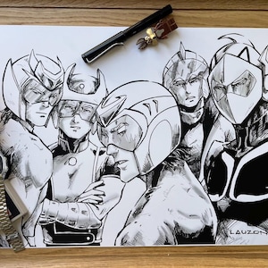 May include: Black and white illustration of five characters wearing helmets and futuristic clothing. The characters are drawn in a comic book style. The illustration is signed "Lauzon".
