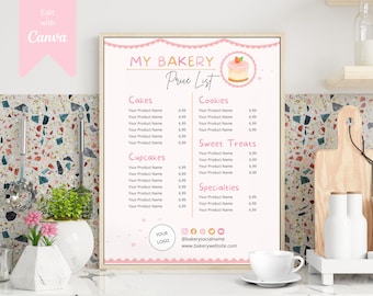 Strawberry Bakery Menu Template for Canva, Cake Price List, Cake Pricing Guide, Cupcake Business Menu, Bakery Flyer, Treats Desserts CC-R2