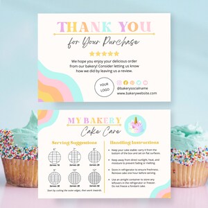 Retro cake care card template for Canva, Editable cake cutting guide, Care instructions, Cake serving guide, Bakery thank you card CC-R1