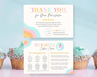 Retro cake care card template for Canva, Editable cake cutting guide, Care instructions, Cake serving guide, Bakery thank you card CC-R1