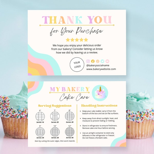 Retro cake care card template for Canva, Editable cake cutting guide, Care instructions, Cake serving guide, Bakery thank you card CC-R1