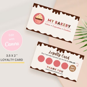 Cartão fidelidade para confeitaria, Cartão de recompensas para marca de confeitaria, Cartão de visita editável, Biscoitos e guloseimas, Modelo Canva CC-R3