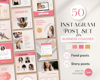 50 Instagram Post Template Set for Business Coaches | Canva Coaching Template, Aesthetic Instagram Story Coach, Coaching Business Pink, BC2