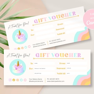 Plantilla de certificado de regalo DIY de panadería retro para Canva, vale de regalo editable para empresa de panadería, plantilla de cupón de dulces Rainbow CC-R1