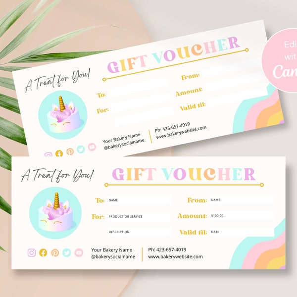 Retro bakery DIY gift certificate template for Canva, Bakery business editable gift voucher, Rainbow sweet treat coupon template CC-R1