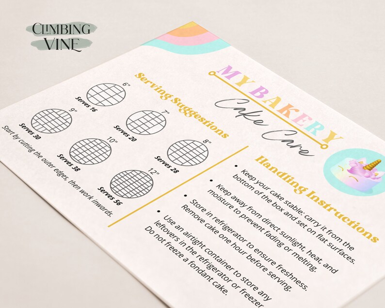 Retro Cake Care Card Template for Canva, Editable Cake Cutting Guide ...