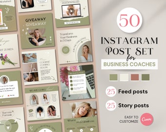50 Green Instagram Post Template Set for Business Coaches | Canva Coaching Templates, Aesthetic Instagram Story, Coaching Business, BC3