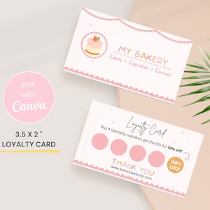 Cartão fidelidade para confeitaria, Cartão de recompensas para confeitaria, Cartão de visita editável, Guloseimas doces cor-de-rosa, Modelo Canva CC-R2