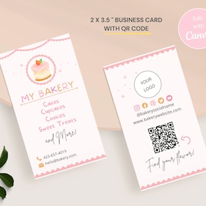 Code QR de carte de visite de boulangerie, modèle Canva de carte de visite de gâteau de bricolage vertical, logo de cuisson aux fraises, menu de desserts de marque de boulangerie CC-R2