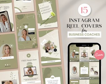 May include: A set of 15 Instagram reel covers for business coaches. The covers feature a green and white color scheme with abstract shapes and text overlays. The text includes "My Top 5 Business Tools", "FREE Masterclass", "New Blog", and "Find the smartest people you can and surround yourself".