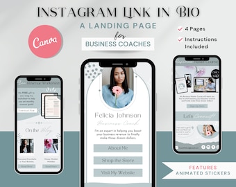 Instagram Link in Bio Landing Page for Business Coaches, IG Bio Link Website Template for Canva, Coaching Instagram Mini Website Design BC1