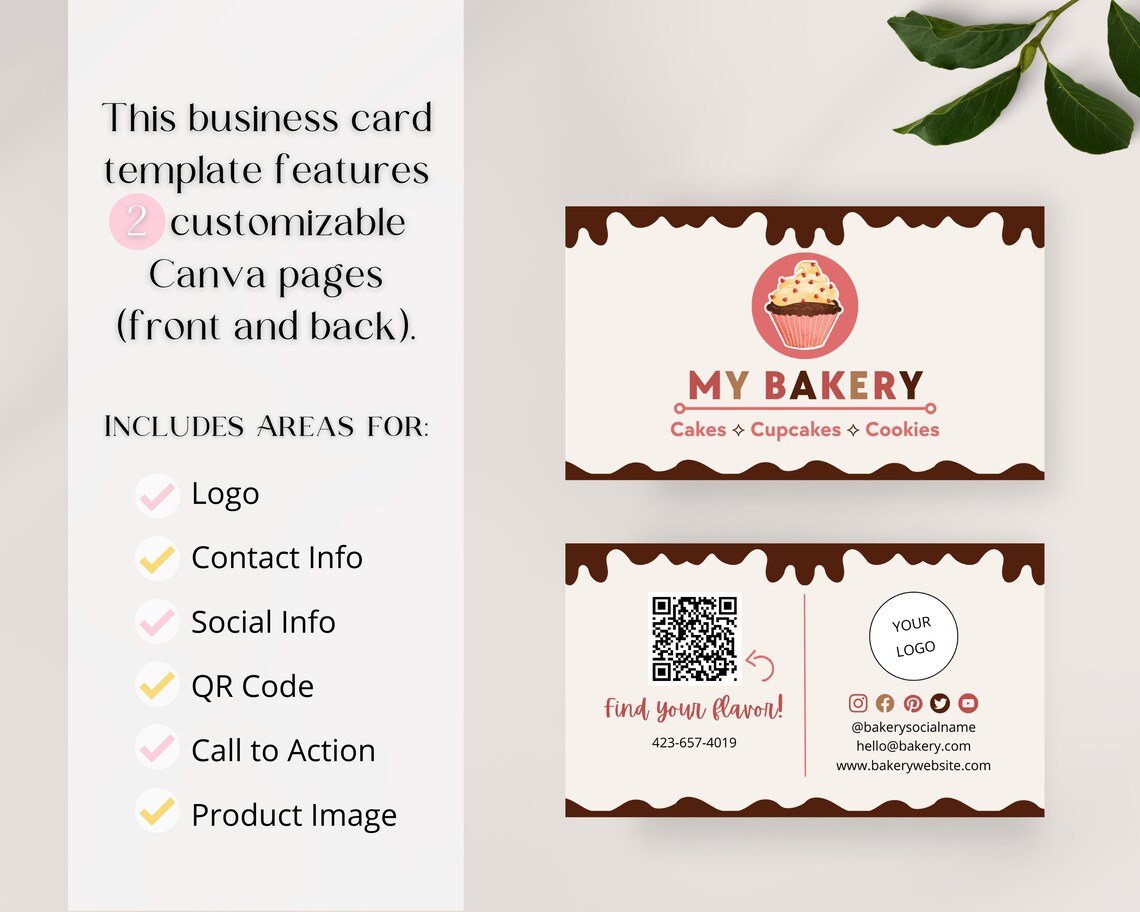 Bakery Business Card With QR Code, Editable Cake Business Card Canva