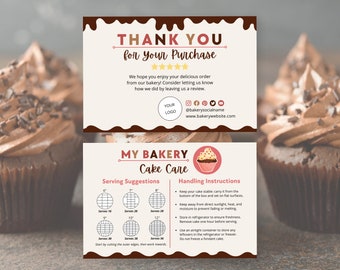 Cake care card template for Canva, Cake cutting guide, Care instructions, Cake serving guide, Bakery business thank you card with logo CC-R3