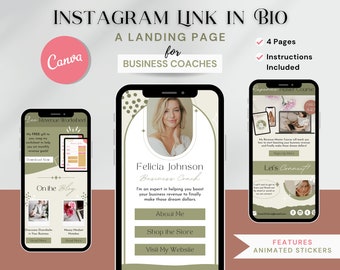 Canva Landing Page Template for Business Coaches, Instagram Link in Bio Website Template, Green Instagram, IG Bio Link Mini Website BC3