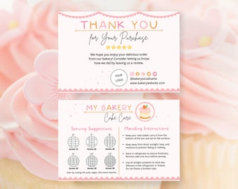 Cake care card template Canva, Strawberry cake cutting guide, Care instructions, Cake serving guide, Bakery business thank you card CC-R2