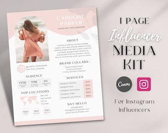 May include: A pink and white media kit for Instagram influencers. The kit includes information about the influencer's audience, brand collaborations, services, and contact information. The kit also includes logos for Canva and Instagram.