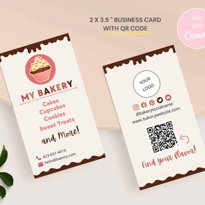 Bäckerei-Visitenkarte mit QR-Code, Vertikale DIY-Kuchen-Visitenkarte Canva-Vorlage, Schokoladenback-Logo, Bäckerei-Branding-Nachtischmenü CC-R3