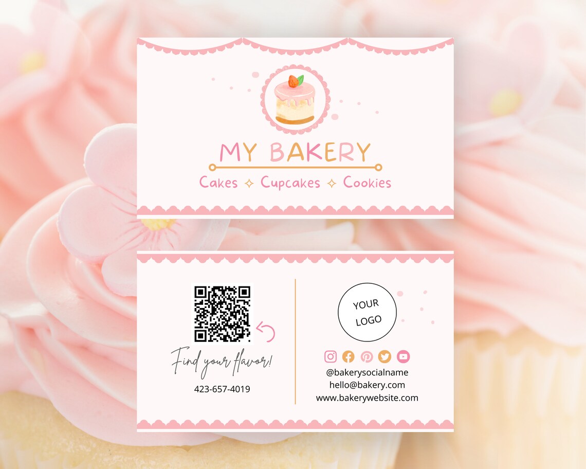 Bakery Business Card With QR Code, Editable Cake Business Card Canva ...