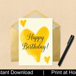 Afdrukbare verjaardagswenskaart - Happy Birthday gele aquarel harten-Direct downloaden