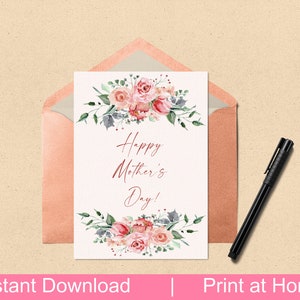 Tarjeta de felicitación imprimible, descarga de tarjeta del Día de la Madre Feliz imprimible, tarjeta de felicitación de acuarela floral para el Día de la Madre