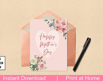 Printable Greeting Card, Printable Happy Mother's Day Card Download, Floral Watercolor Greeting Card for Mother's Day