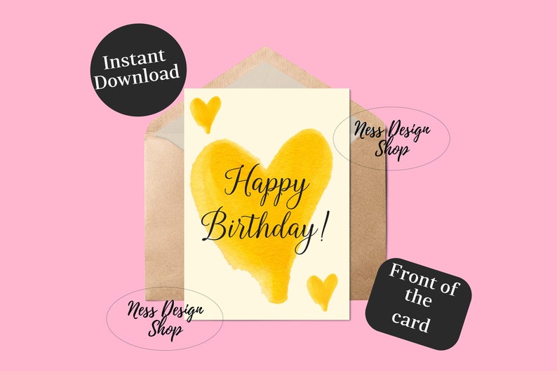 Printable Birthday Greeting Card- Happy Birthday Yellow Watercolor ...