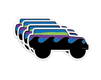 May include: A set of four stickers featuring a silhouette of a Jeep with a colorful mountain range and waves design. The stickers are white with black outlines.