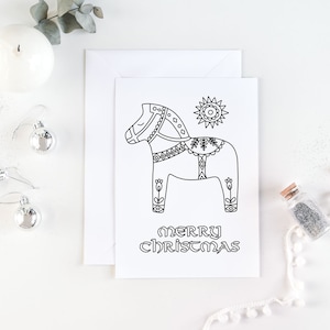 Sweden dala horse coloring page, Christmas coloring card, dala horse, sweden art, minimalist christmas card, digital download, 5x7