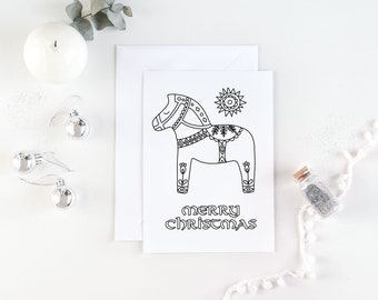 Dala Horse Christmas Coloring Card: Sweden Art (Digital Download)