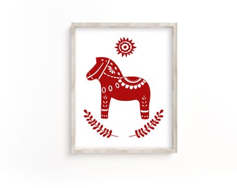 Red Dala Horse Christmas Print: Scandinavian Folk Art (Digital Download)