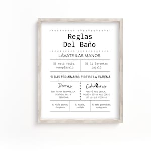 May include: Black and white printable sign with the text "Reglas Del Baño" (Rules of the Bathroom) and instructions for bathroom etiquette, including handwashing, flushing the toilet, and proper seating.