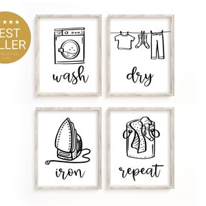 Wash Dry Iron Repeat, Set of 4 Prints for Laundry, Utility Room, Laundry Room Decor, Laundry doodle art. Different sizes included. Download.