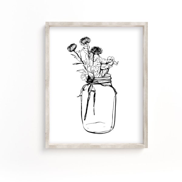 Mason Jar with Flowers Printable. JPG, PNG, SVG. Autumn clipart. Instant download
