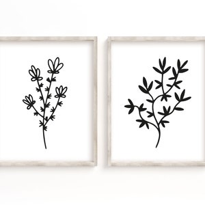 Ensemble de 2 imprimables d’herbes sauvages. Impression d’esquisse botanique. Impression florale minimaliste de salle de vie, signes végétaux. numérique