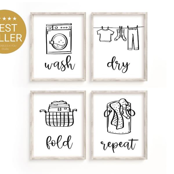 Wash Dry Fold Repeat, Set of 4 Prints for Laundry, Utility Room, Laundry Room Decor, Laundry doodle art. Different sizes included.Download.