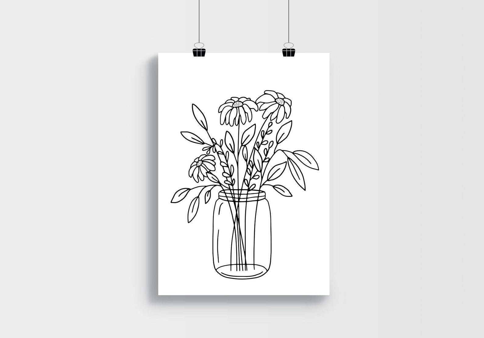 Floral Mason Jar Printable, Mason Jar Floral Arrangement, Sketched