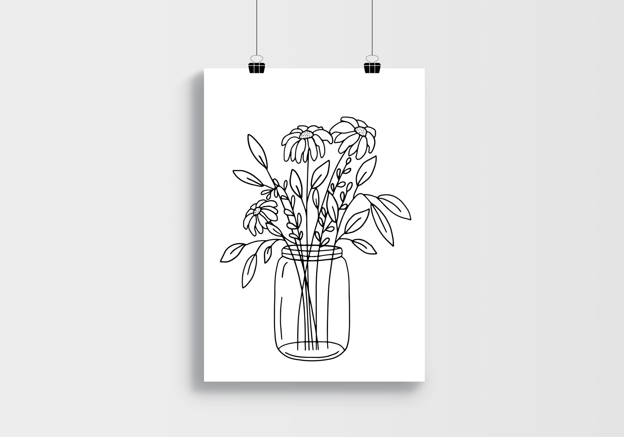 Floral Mason Jar Printable, Mason Jar Floral Arrangement, Sketched ...