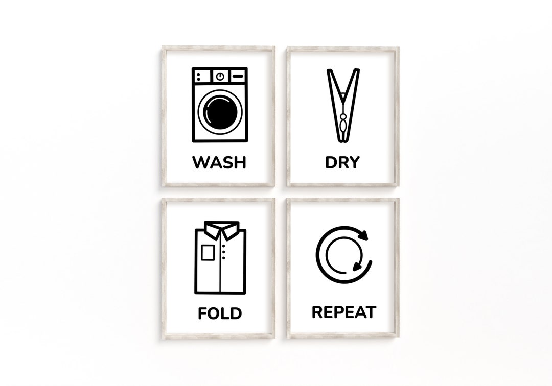 Laundry Room Art Prints: Wash Dry Fold Repeat, Set of 4 (digital ...