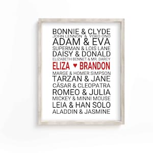 Poster BERÜHMTE PAARE mit Namen, individuelles Hochzeitsgeschenk, Bonnie & Clyde, Geschenkpaar, Wandkunst, personalisiertes Zitat, individueller Typografiedruck. Digital