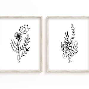 Set of 2 flower bouquets printables.  Botanical Line Art Print Set of 2, Gallery wall art set, Mid Century Modern Minimal Decor, DOWNLOAD