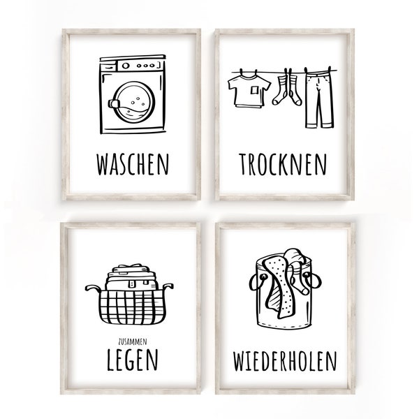 Wash Dry Fold Repeat en allemand, lot de 4 impressions pour blanchisserie, décoration de buanderie, Waschküche Deko, Waschzimmer, 3 tailles incl. Télécharger.