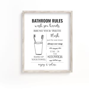Bathroom Rules, Toilet Rules, bathroom printable, bathroom wall art, toilet rules print, bathroom sign, toilet sign, loo wall art, shower