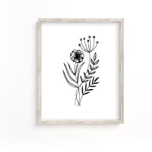 Wild Flower Printable, botanical sketch, Minimalism, living room Print, Black and White Plant Sign, Flower Sign, Plant Sign, Download