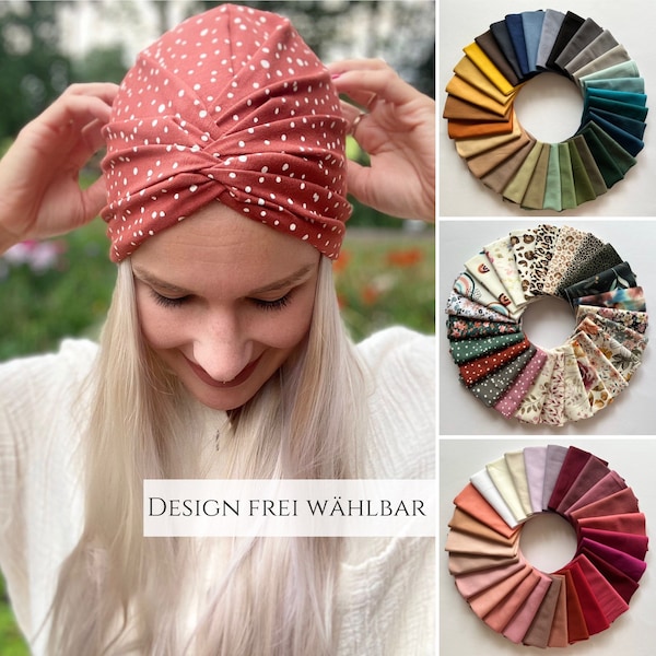 Die einlagige Turban- Mütze mit TWIST, Chemo Cap, Sonnenhut, Farbauswahl, Maßanfertigung, Alopezie Haarausfall, Kopftuch, Bestseller