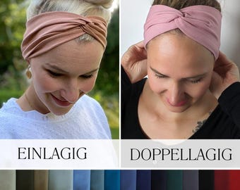 Bandeau headband – single or double layer, seamless, flexible, cotton jersey, knot at the front or back, customizable
